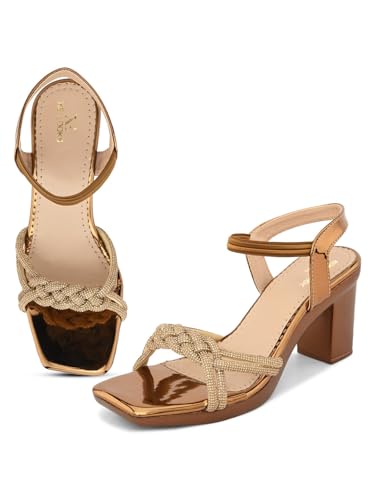 XE Looks Women's Copper Block Heel Sandals | Braided Strap Design with Glossy Finish | Elegant & Trendy Sandals With Ankle Strap | Comfortable & Stylish Block Heels For Girls & Women
