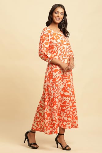 W for Women Abstract Print Rayon A-Line Dress_24FEW10723-810645_M Orange
