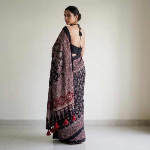 CREVEXA Gajji Silk Saree for Women with Mirror Work Border, Ajrakh Inspired Printed Designer Saree with Red Tassel Pallu and Unstitched Blouse Piece for Party Festive Wedding Ethnic Saree
