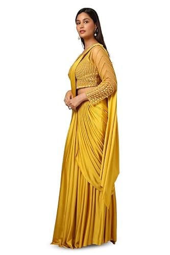 Soch Womens Mustard Beads Embellished Nylon Blend Ready-To-Wear Saree