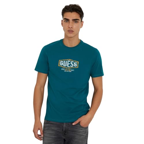 GUESS Men Teal Printed Round Neck Short Sleeves T-Shirt