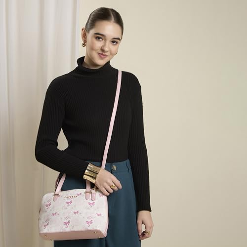 Caprese Scarlet Small Satchel Bag for Women | Printed Faux Leather Handbag | Multi-Compartment Purse | Adjustable & Detachable Strap | Zipper Closure | Stylish Everyday Bag (Pink Sorbet)