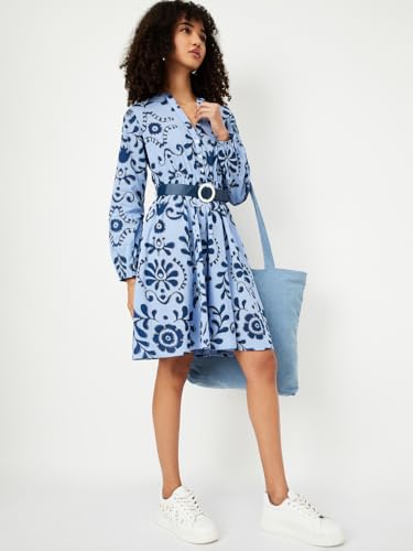 Max Kalki x Max Women Printed Belted Shirt Dress(Blue_XS)