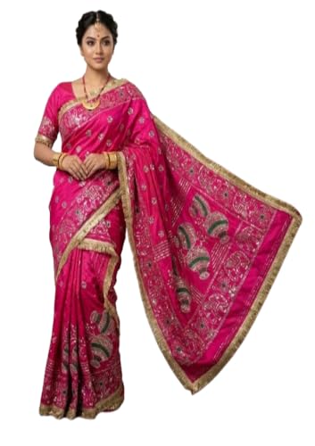 Women’s Rani Pink Traditional Rajputi poshak Gold Embroidered Ethnic with Zari Sequin Work, Kalash & Elephant Motifs