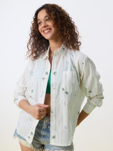 The Souled Store Beach Stripes Women and Girls Full Sleeves Spread Collar Off White Printed Cotton Oversized Fit Lightweight Summer Ready Shirt for Casual Wear