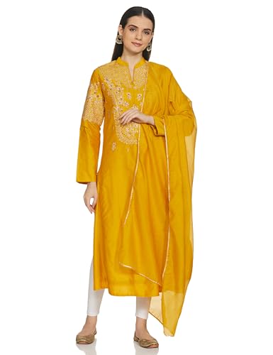 BIBA WOMEN YARNDYED FLARED SALWAR KURTA DUPATTA(SKD7383_YELLOW_32)