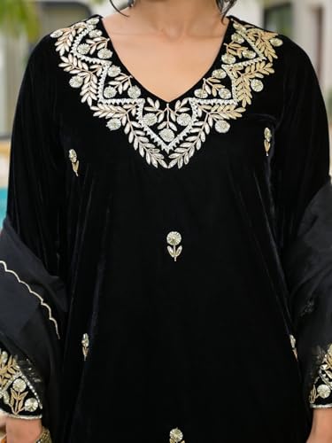 Divena Floral Embroidered Regular Zardozi Velvet Kurta with Trousers & Dupatta