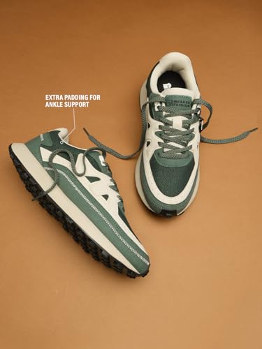 The Souled Store Milano: Olive Women and Girls Low Top Sneakers Olive and Off-White Retro Trainer Microfibre Suede and Engineered Mesh Cushioned Sole Chunky Retro Sneakers