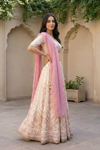 Aurelia Women's Cream Foil Printed Ethnic Motifs Blouse with Lehenga and Dupatta Set - (AS16425-510452-S)