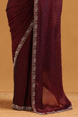 Soch Womens Wine Fendy Organza Stonework Embellished Saree