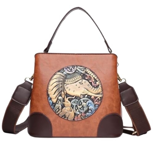 MAIRO LIFESTYLE PU Leather Handbag Retro Embossing Mandala Designer Purse Organizer Handmade Italian Purse for Women (C - Elephant Satchel Tan)