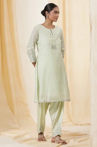 W for Woman Folksong Green Festive Embroidered Cotton A-Line Kurta, Salwar Pant & Dupatta_24MAFS11749-930315_2XL