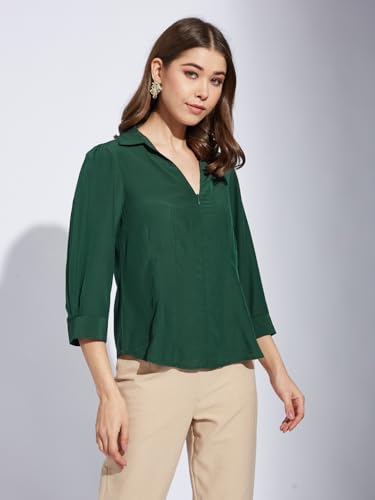 Latin Quarters Women Green Collar Neck 3/4th Sleeve Solid Shirt Blouse_2XL