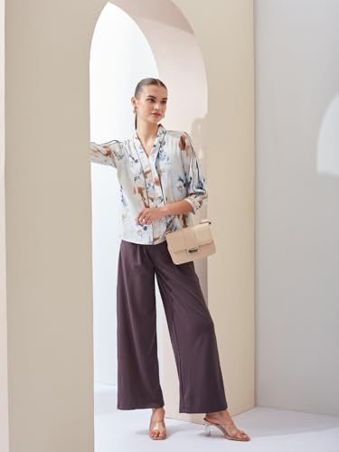 Latin Quarters Women's Off White 3/4Th Sleeves V-Neck Casual Printed Top_XL