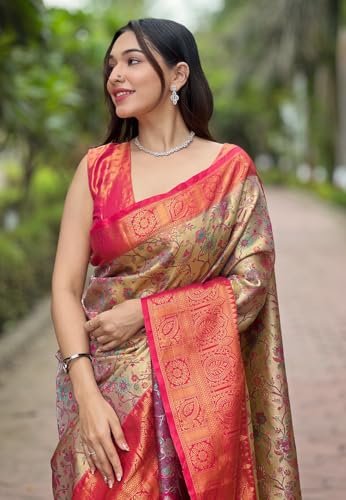 SGF11- Women's Kanjivaram Pure Soft Silk Handloom Saree Pure Golden Zari With Blouse Piece (Cream Pink)