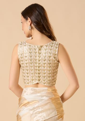 S SALWAR STUDIO Off-White Georgette Boat Neck Sleeveless Readymade Blouse
