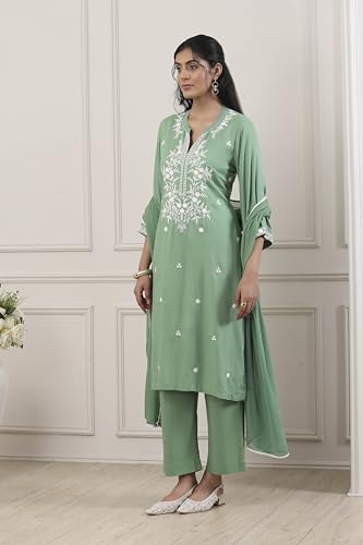 BIBA Women Green Viscose Rayon Straight Suit Set_36