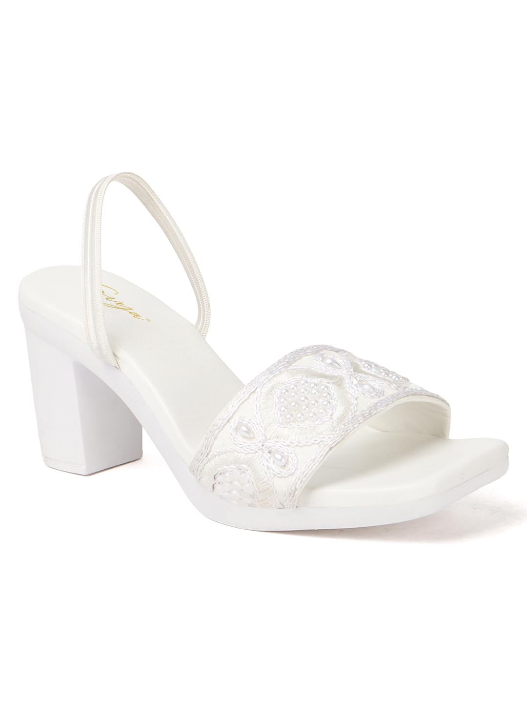 Handcrafted Embroidered Women Sandals with Square Toe, Mid Block Heel, and Supportive Back Strap for Ethnic Wear (White, UK Footwear Size System, Adult, Women, Numeric, Medium, 4)