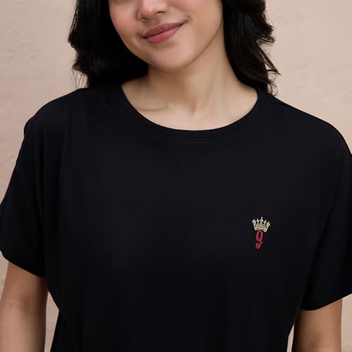 NYKD Buttery Soft Modal Cotton Graphic Tee for Women with Extended Sleeves – Comfortable Relaxed Fit, Stylish Design, Model NYS945 Black