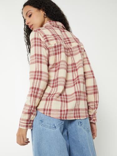 Max Women Checked Oversized Shirt(Beige_L)
