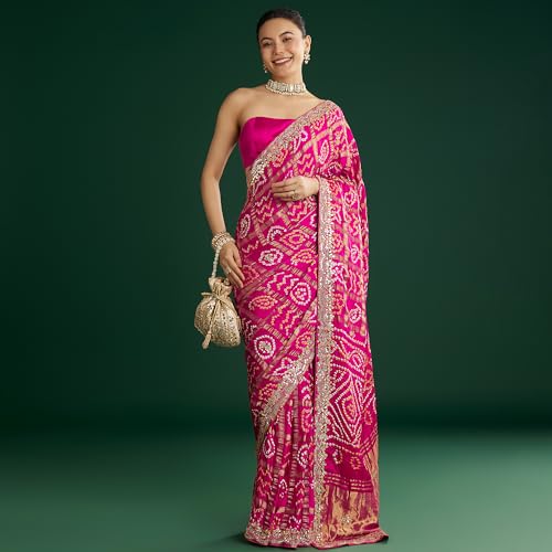 KALKI Fashion Pink Bandhani Saree With Gota Work Satin sarees for women