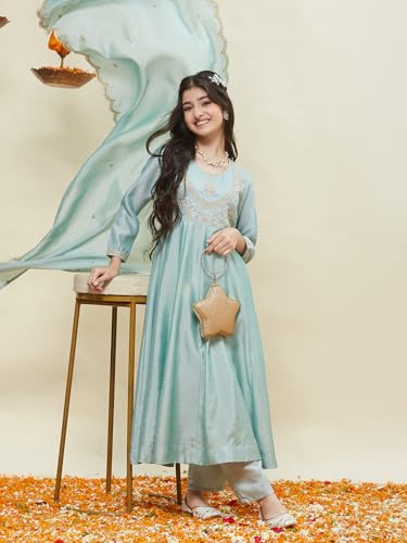 CURLY TALES ALPHA Girls Embroidered Anarkali Kurta Set with Dupatta | Ethnic Wear Sky Blue