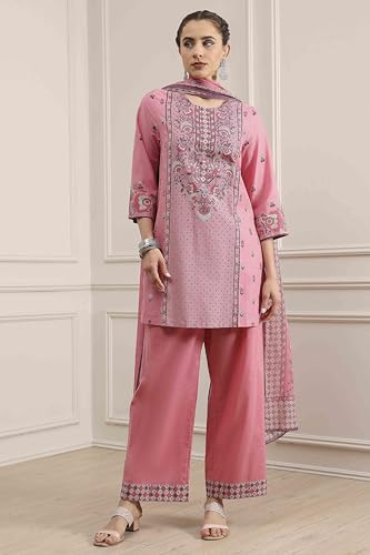Biba Women's Light Pink Cotton Straight Printed Suit Set