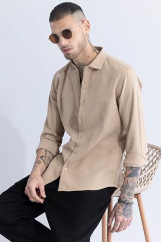 SNITCH Men Casual Shirt | Slim Fit Full Sleeve Spread Collar Striped Design | Premium Cotton & Textured Fabric for College & Everyday Wear | Beige
