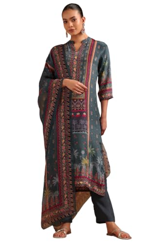 Soch Womens Grey Viscose Botanical Salwar Suit With Bead