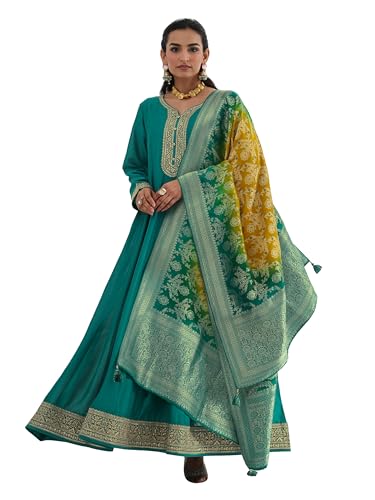 Libas Embroidered Silk Blend A-Line Ethnic Dress with Dupatta-93606XL Green