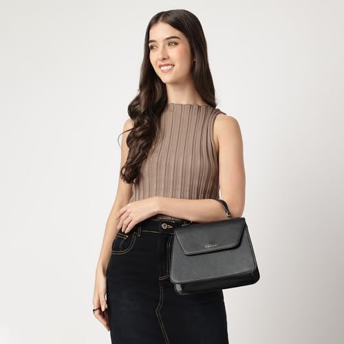 Fastrack Black EdgePlay Satchel | Faux-Leather Women's Handbags | Structured Satchel with Flap + Zipper Closure, Detachable Strap & Top Handle | Gold Hardware | Everyday Carry