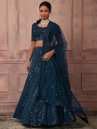 Zeel Clothing Women's Threads Sequins Embroidered Georgette Semi-Stitched Lehenga Choli With Dupatta (5089-Rama-Wedding-Stylish-Latest; Free Size)