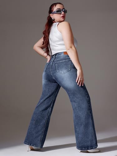 Miss Chase A+ Women's Wide-Leg High Rise Regular Length Stretchable Denim Jeans (APSS25DEN80-21-MZY-44, Radiance Blue, 44)