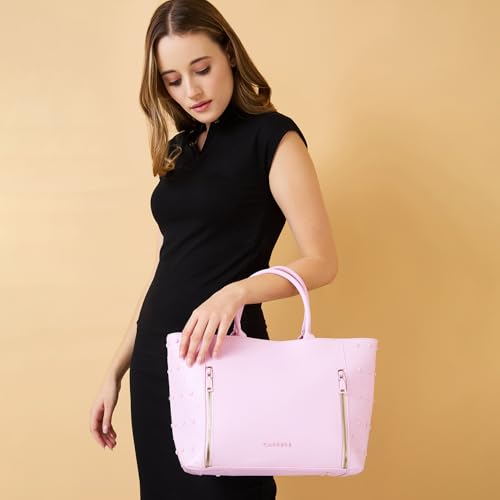 Caprese Midge Medium Tote Bag for Women | Stylish Faux Leather Shoulder Bag with Multi-Compartment, Adjustable & Detachable Strap | Fits Up to 16-Inch Laptop | Ideal for Work, Travel, Shopping (Pink)