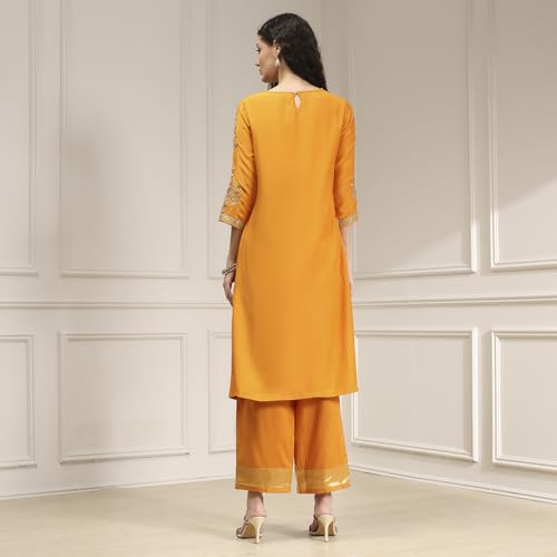 Biba Women Orange Blended Straight Solid Kurta Set_36