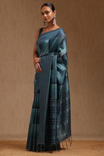 Soch Womens Teal Blue Chanderi Geometric Print Saree With Thread Work
