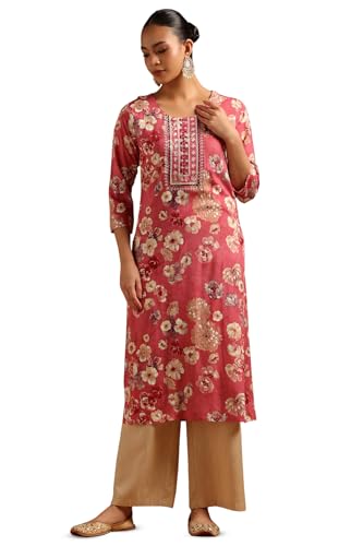 Soch Womens Pink Rayon Floral Print Kurta with Mirror Work