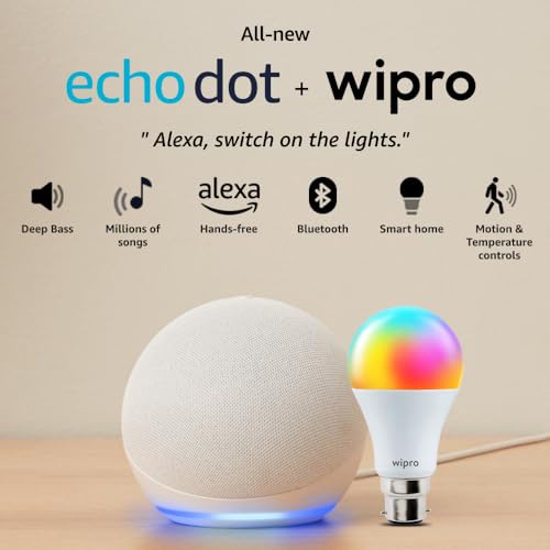 Amazon Echo Dot (5th Gen, White) Smart Home Combo with Wipro 12W LED Smart Color Bulb