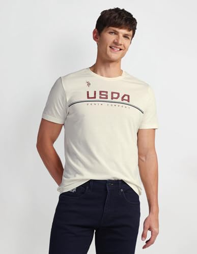 U.S. POLO ASSN. Mens Solid Half Sleeve Brand Carrier Round Neck T-Shirts (UDTSHS0886_Off White_L)