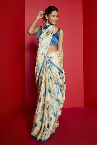 Soch Womens Blue Floral Print Crepe saree