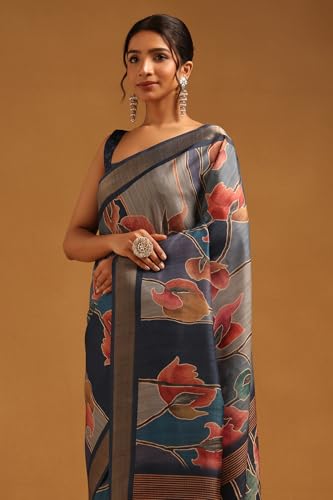 Soch Womens Blue Tussar Botanical Saree