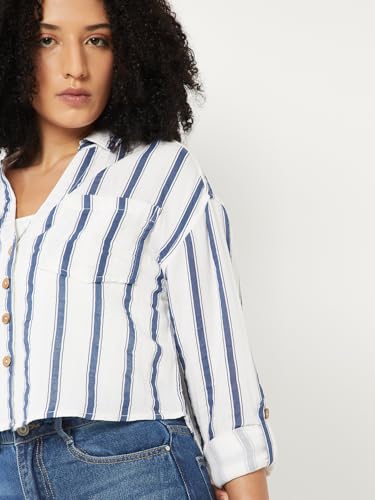 Max Women Striped Boxy Fit Crop Shirt(Blue_XL)
