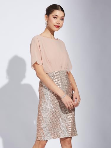 Latin Quarters Women Copper Round Neck Half Sleeve Solid Bodycon Dress_XS