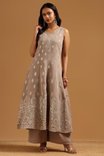 Soch Womens Grey Chanderi Botanical Zari Woven Salwar Suit With Zardosi