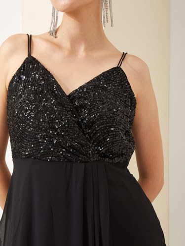 Latin Quarters Women Black V- Neck Sleeveless A-Line Sequined Party Dress_L