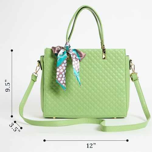 Chumbak Sage Quilted Handbag with Scarf, Sage Green, Multipurpose Hand Bag with Pouch for Shopping, Hand Held Bag for Women and Girls, Solid Colour Handbag