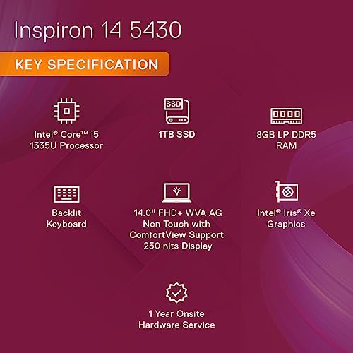 Dell Inspiron 5430 Laptop, 13th Gen Intel Core i5-1335U Processor/8GB/1TB SSD/14.0" (35.56cm) FHD+ Display/Backlit Keyboard/Windows 11 + MSO'21/15 Month McAfee/Platinum Silver/Thin & Light-1.59kg