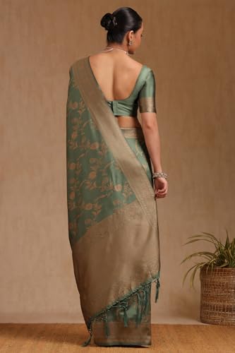 Soch Womens Sap Green Tussar Floral Print Saree