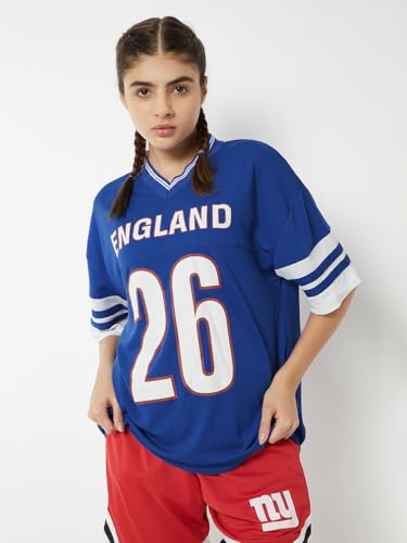 Max Women Printed Oversized Sports T-Shirt (Blue_S)