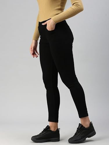 De Moza Women Jegging Woven Bottom Solid Cotton Black